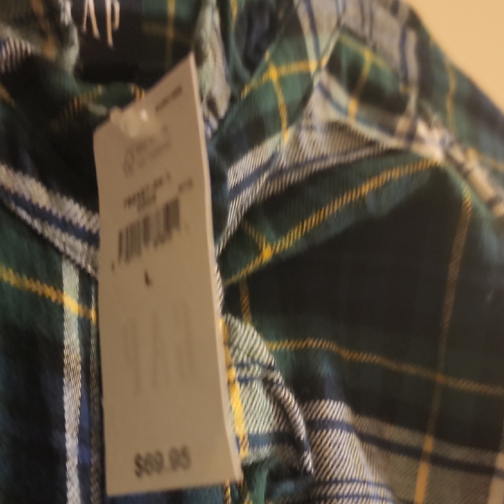 GAP Flannelish Blue. Green White Plaid Shirt Dress With Ruffle Hem.  Belt Waist
